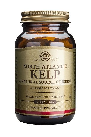 Solgar Kelp. Frascos de 250 comprimidos. Cada comprimido contiene 143 mg de Kelp del Atlántico Norte deshidratado (200 μg de yodo). Complemento alimenticio para adultos.