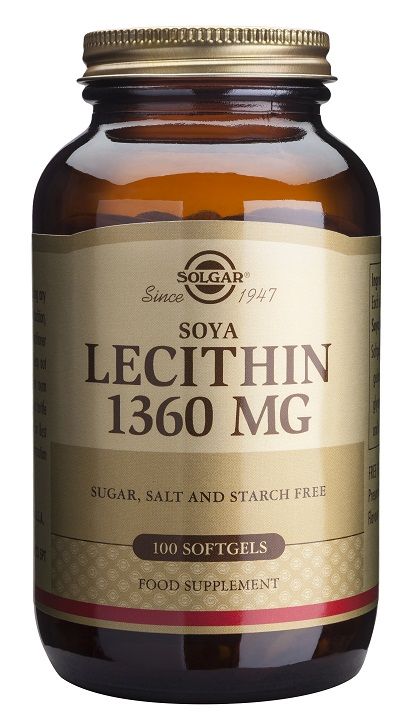 Solgar Lecitina de Soja 1360 mg. Frascos de 100 y 250 cápsulas blandas. Cada cápsula contiene 1.360 mg de lecitina de soja. Complemento alimenticio para adultos