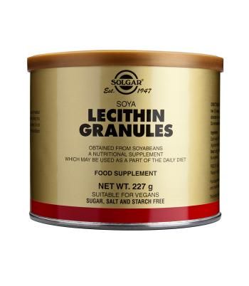 Solgar Lecitina Gránulos. Botes de 227 g y 454 g. Cada cucharada rasa (7,5 g) aporta: 7,5 g de lecitina de soja. Complemento alimenticio para adultos.