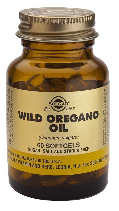 Solgar Aceite de Orégano silvestre (<i>Origanum vulgare</i>). Frascos de 60 cápsulas blandas. Una cápsula aporta 175 mg de aceite de oliva virgen extra y 17,5 mg de aceite de orégano. Complemento alimenticio para adultos.
