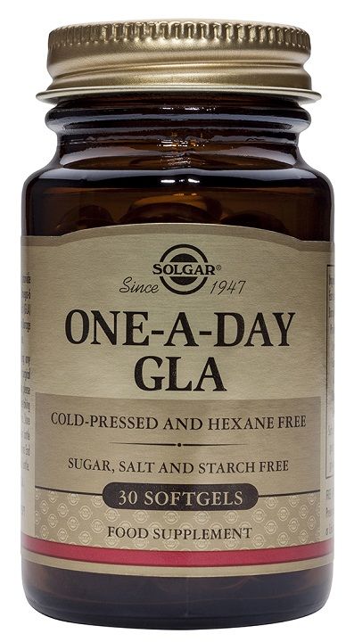 Solgar GLA Una al Día. Frascos con 30 y con 60 cápsulas blandas. Cada cápsula contiene 625 mg de aceite de borraja que aportan: 120 mg de ácido gamma linolénico (GLA), 180,4 mg de ácido linoleico, 87 mg de ácido oleico y 52,7 mg de ácido palmítico. Complemento alimenticio para adultos.