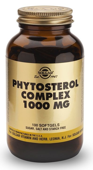 Solgar Fitosterol Complex. Frascos de 100 cápsulas blandas. Cuatro cápsulas blandas aportan 2000 mg de Phytosterol Complex (de soja). Total ésteres de esterol; 1800 mg (incluyendo beta-sitosterol, estigmasterol, campesterol, brasicasterol). Complemento alimenticio para adultos.