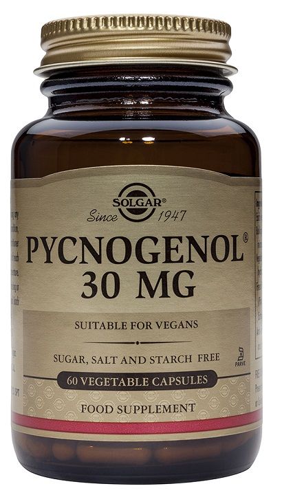 Solgar Pino 30 mg Extracto de corteza Pycnogenol. Frascos de 30 y 60 cápsulas vegetales. Cada cápsula aporta 30 mg de Pycnogenol (extracto de corteza de pino francés, <i>Pinus maritima</i>). Complemento alimenticio para adultos.