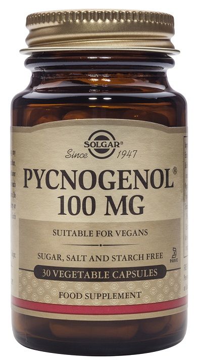 Solgar Pino 100 mg Extracto de corteza (Pycnogenol). Frascos de 30 cápsulas vegetales. Cada cápsulaaporta 100 mg de Pycnogenol (extracto de corteza de pino francés, <i>Pinus maritima</i>). Complemento alimenticio para adultos