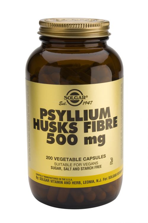 Solgar Fibra de cáscara de Psyllium 500 mg. Frascos de 200 cápsulas vegetales. 2 cápsulas vegetales aportan: 1000 mg de fibra de cáscara de Psyllium en polvo. Complemento alimenticio para adultos.
