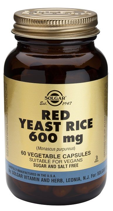 Solgar Levadura Roja de Arroz. Frascos de 60 cápsulas vegetales. Cada dos cápsulas vegetales aportan 1200 mg de levadura roja de arroz en polvo (<i>Monascus purpureus</i>). Complemento alimenticio para adultos.