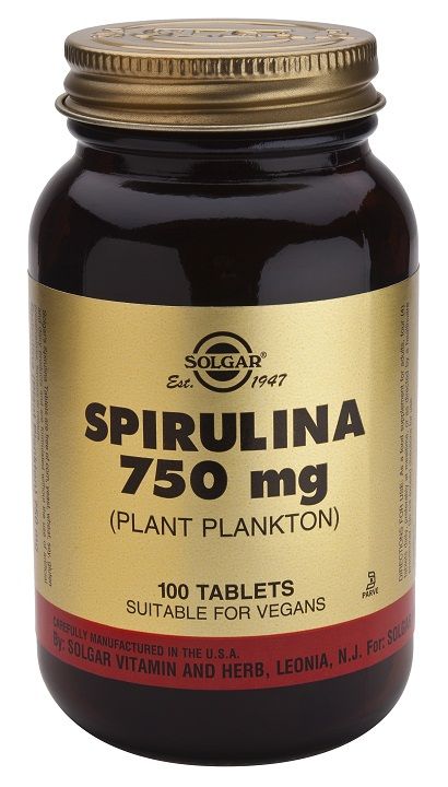 Solgar Espirulina. Frascos de 100 comprimidos. Cuatro comprimidos aportan 3.000 mg de espirulina (<i>Arthrospira platensis</i>). Complemento alimenticio para adultos.