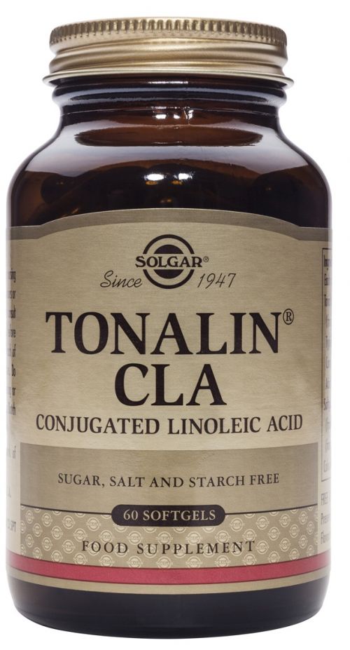Solgar Tonalin CLA. Frasco de 60 cápsulas blandas. Cada cápsula blanda contiene: 1.300 mg de Tonalin CLA (de semilla de aceite de cártamo) que aporta 1.014 mg de ácido linoleico conjugado (CLA). Complemento alimenticio para adultos
