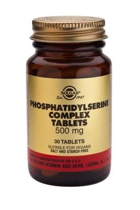 Solgar Fosfatidilserina Serina Complex 500 mg. Frascos de 30 comprimidos. Cada comprimido aporta 500 mg de fosfatidilserina. Complemento alimenticio para adultos.