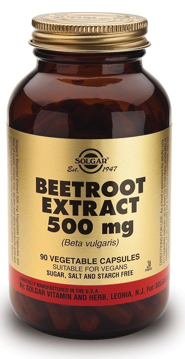 Solgar Remolacha Extracto 500 mg. Frascos de 90 cápsulas vegetales. Cada cápsula vegetal aporta 500 mg de extracto de remolacha (<i>Beta vulgaris</i>). Complemento alimenticio para adultos.