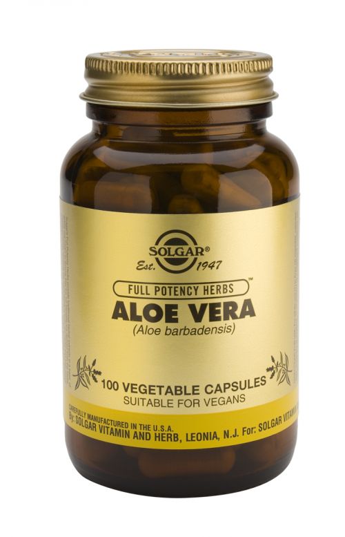 Solgar Aloe Vera. Frascos de 100 cápsulas vegetales. Cada cápsula contiene 308 mg de polvo y 1,2 mg de extracto concentrado (200:1) de jugo de Aloe vera (<i>Aloe barbadensis</i>). Complemento alimenticio para adultos.