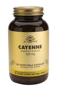 Solgar Cayena. Frascos con 100 cápsulas vegetales. Cada cápsula contiene 520 mg de polvo de fruto de cayena (<i>Capsicum annuum</i>). Complemento alimenticio para adultos.