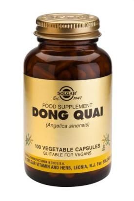 Solgar Dong Quai. Frascos de 100 cápsulas vegetales. Cada cápsula aporta 200 mg de polvo de raíz y 50 mg de extracto (2:1) de raíz de Dong Quai (<i>Angelica sinensis</i>). Complemento alimenticio para adultos.