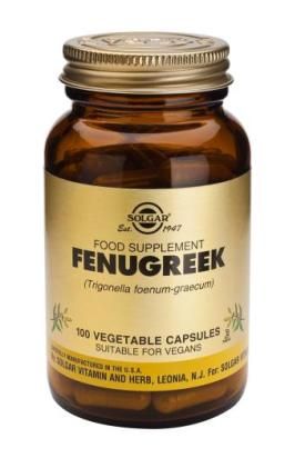 Solgar Fenogreco. Frascos con 100 cápsulas vegetales. Cada cápsula contiene 370 mg de polvo de semilla y 150 mg de extracto (4:1) de semilla de fenogreco (<i>Trigonella foenum-graecum</i>). Complemento alimenticio para adultos.