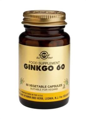 Solgar Ginkgo 60. Frascos de 60 cápsulas vegetales. Cada cápsula aporta 30 mg de polvo de hoja y 60 mg de extracto estandarizado de hoja de <i>Ginkgo biloba</i> (50:1), aportando 24% de heterósidos flavónicos y 6% de lactonas terpénicas. Complemento alimenticio para adultos.