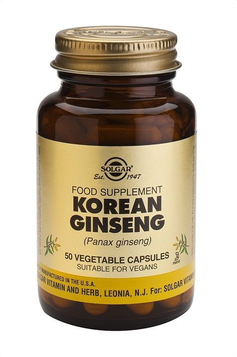 Solgar Ginseng Coreano. Frascos de 50 cápsulas vegetales. Cada cápsula vegetal aporta 500 mg de polvo de raíz y 20 mg de extracto (4:1) de raíz ginseng coreano (<i>Panax ginseng</i>). Complemento alimenticio para adultos.