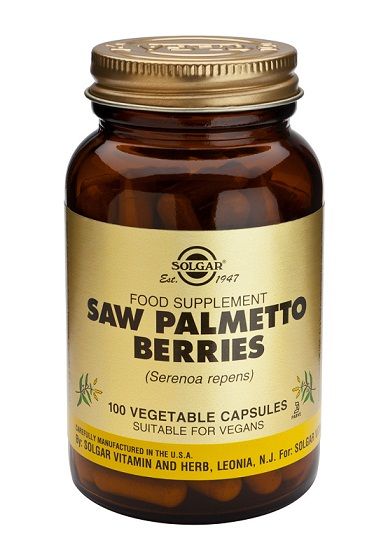 Solgar Sabal Bayas. Frascos de 100 cápsulas vegetales. Cada cápsula aporta 300 mg de extracto de baya y 220 mg de polvo de baya de Sabal (<i>Serenoa repens</i>). Complemento alimenticio para adultos.