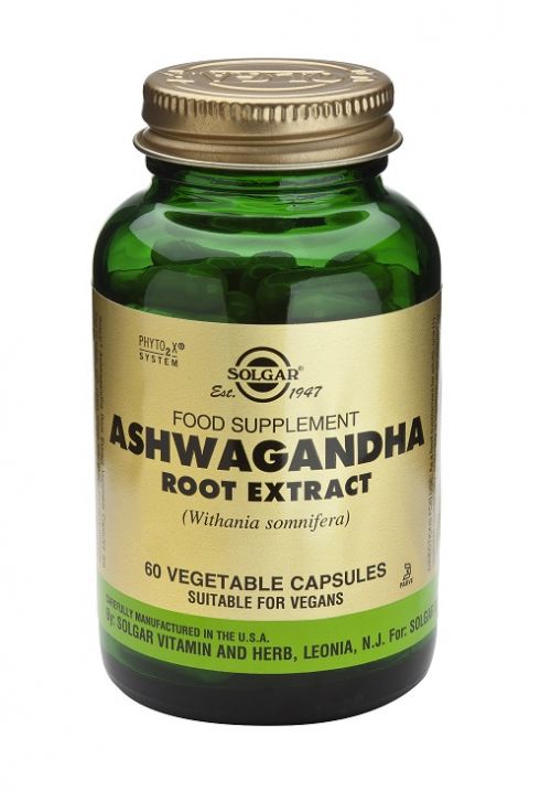 Solgar Ashwagandha. Frascos de 60 cápsulas vegetales. Cada cápsula vegetal aporta 300 mg de extracto estandarizado de raíz pulverizada de ashwagandha (1,5% de witanólidos) y 100 mg de polvo de raíz de ashwagandha (<i>Whitania somnifera</i>). Complemento alimenticio.