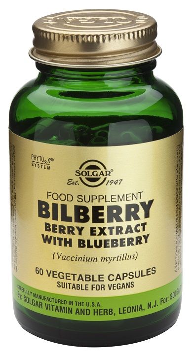 Solgar Mirtilo Extracto de baya. Frascos de 60 cápsulas. Cada cápsula vegetal aporta: 100 mg de polvo de baya y 60 mg de extracto estandarizado (25% antocianósidos) de baya de mirtilo (<i>Vaccinium angustifolium</i>). Complemento alimenticio para adultos,