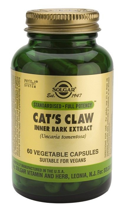 Solgar Uña de Gato. Frascos de 60 cápsulas. Cada cápsula vegetal aporta 300 mg de polvo de corteza interna y 150 mg de extracto estandarizado de corteza interna (22,5 mg de polifenoles y 4,5 mg de alcaloides). PhytO2X (mezcla en polvo de betacarotenos y ácido ascórbico). Complemento alimenticio.