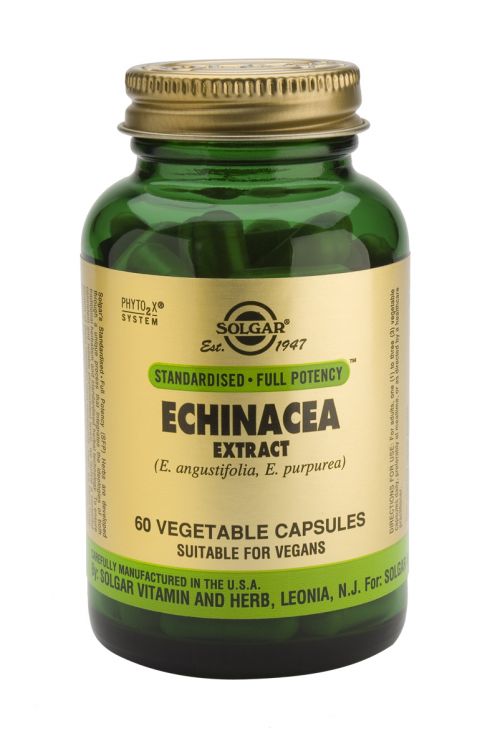 Solgar Equinácea Extracto. Frascos de 60 cápsulas. Cada cápsula contiene 125 mg de extracto estandarizado de raíz de equinácea (5 mg [4%] de echinacósidos) y 300 mg de polvo de parte aérea de equinácea. Complemento alimenticio para adultos.