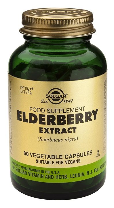 Solgar Saúco Extracto de baya. Frascos de 60 cápsulas vegetales. Cada cápsula contiene 150 mg de extracto estandarizado de baya (30% de polifenoles) y 150 mg de polvo de flor de saúco (<i>Sambucus nigra</i>). Complemento alimenticio para adultos.