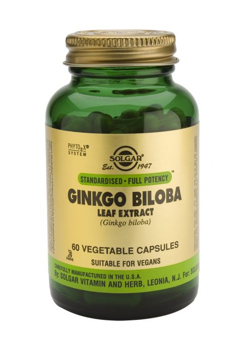 Solgar Ginkgo Biloba Extracto de hoja. Frascos de 60 cápsulas vegetales. Cada cápsula contiene 90 mg de extracto estandarizado de hoja (24% de heterósidos flavónicos y 6% de lactonas terpénicas) y 45 mg de polvo de hoja de <i>Ginkgo biloba</i>. Complemento alimenticio para adultos.
