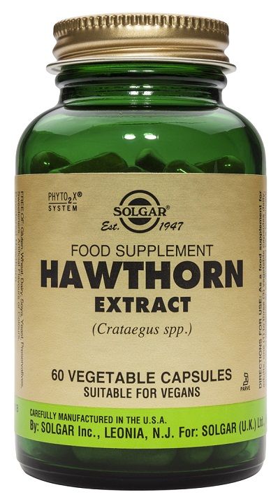 Solgar Espino Albar Extracto de hierba. Frascos con 60 cápsulas vegetales. Cada cápsula contiene 150 mg de extracto estandarizado de sumidad florida (3 mg de vitexina) y 250 mg de polvo de baya de (<i>Crataegus oxycantha</i>). Complemento alimenticio para adultos.