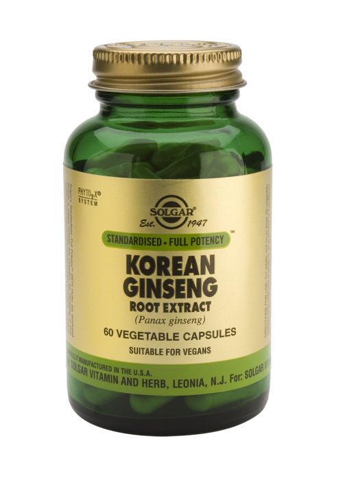 Solgar Ginseng Coreano Extracto de raíz. Frascos de 60 cápsulas vegetales. Cada cápsula aporta 250 mg de extracto estandarizado de raíz (8% de ginsenósidos) y 200 mg de polvo de raíz de ginseng coreano (<i>Panax ginseng</i>). Complemento alimenticio para adultos.