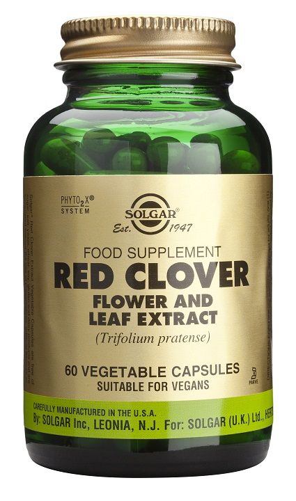 Solgar Trébol rojo Extracto de flor y hoja. Frascos de 60 cápsulas vegetales. Cada cápsula contiene 250 mg de extracto estandarizado de flor (1% de biochaninas) y 225 mg de polvo de hoja de trébol rojo (<i>Trifolium pratense</i>). Complemento alimenticio para adultos.