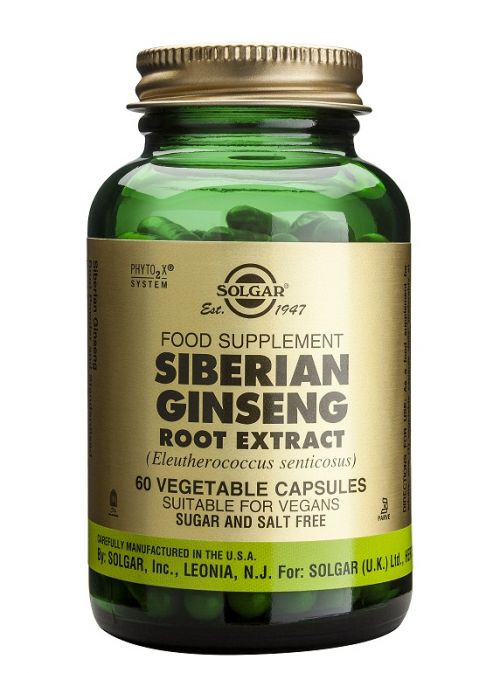 Solgar Ginseng Siberiano Extracto de raíz. Frascos de 60 cápsulas. Cada cápsula contiene 150 mg de extracto estandarizado de raíz (0,5% de eleuterósido E, 0,3% de eleuterósido B) y 150 de polvo de raíz de ginseng siberiano (<i>Eleutherococcus senticosus</i>). Complemento alimenticio para adultos.