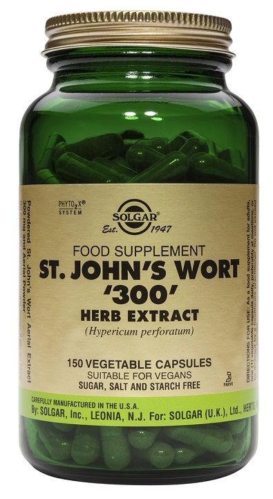 Solgar Hipérico 300 mg Extracto. Envase con 50 y 150 cápsulas vegetales. Cada cápsula contiene 100 mg de polvo y 300 mg de extracto estandarizado (0,3% de hipericina) de hipérico (<i>Hypericum perforatum</i>). Complemento alimenticio para adultos.