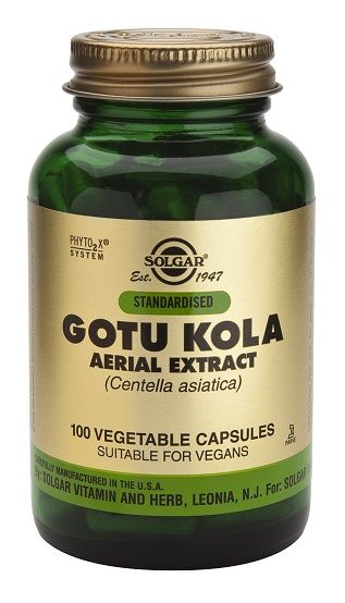 Solgar Gotu Kola Extracto Aéreo. Frasco de 100 cápsulas vegetales. Cada cápsula aporta: 100 mg de extracto estandarizado de parte aérea de Gotu kola (<i>Centella asiatica</i>), aportando 6 mg de derivados triterpénicos. Complemento alimenticio para adultos,