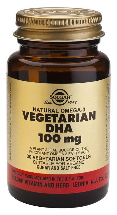 Solgar DHA Vegetariano 100 mg. Frascos de 30 cápsulas blandas vegetarianas. Cada cápsula blanda contiene: aceite rico en DHA derivado de microalga <i>Schizochytrium</i> sp.) que aporta 100 mg de acido docosahexaenoico (DHA). Complemento alimenticio para adultos.
