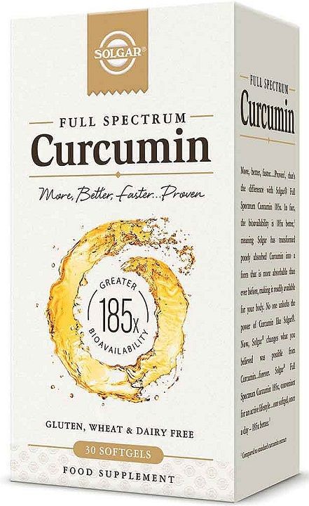 Solgar Full Spectrum Cúrcuma. Frascos de 30 cápsulas blandas. Cada cápsula: 800 mg extracto de rizoma de cúrcuma (<i>Curcuma longa</i>) (Full Spectrum Cúrcuma), con 48 mg de curcuminoides totales (40 mg de curcumina). Complemento alimenticio para adultos.