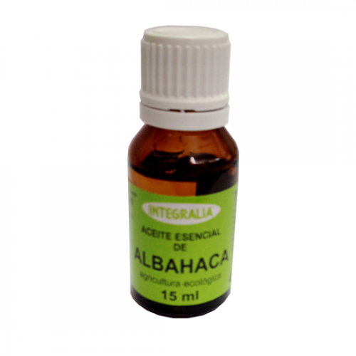Aceite Esencial de Albahaca Integralia Ecológico. Frasco de 15 mL. Aceite esencial de albahaca 100% (<i>Ocimum basilicum</i> L., parte aérea florida).