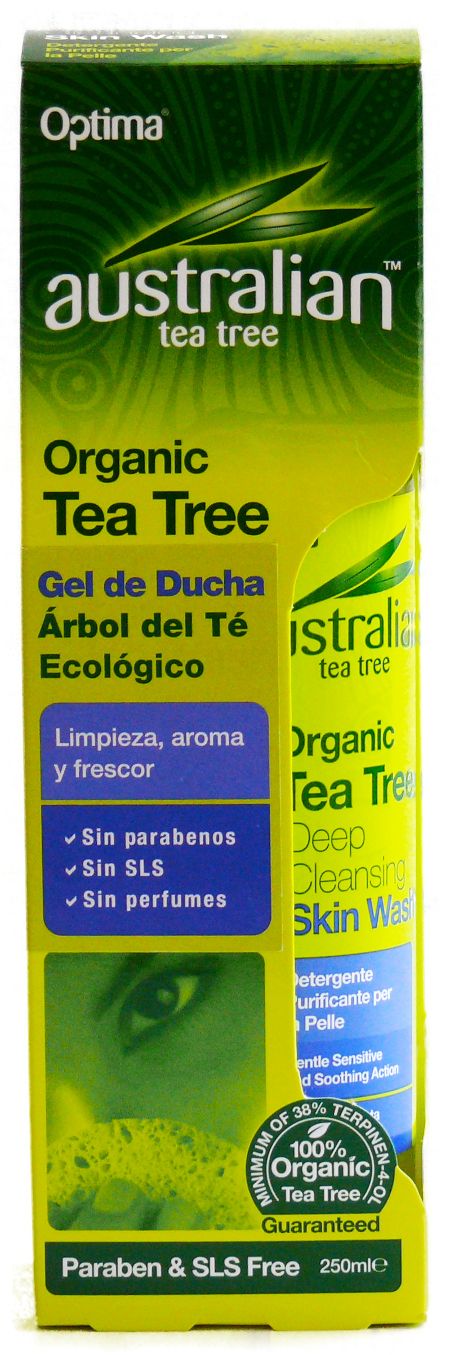 Gel de ducha Árbol del Té. 250 mL. Contiene 1% de aceite esencial de árbol del té. 