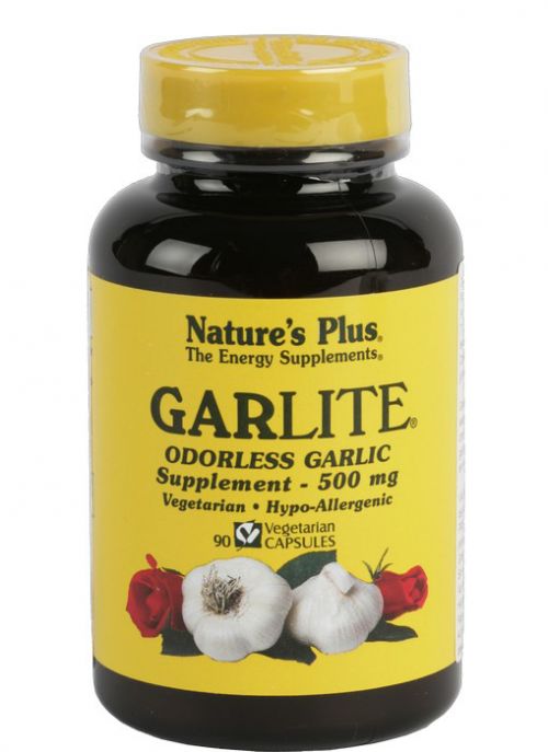 Garlite. Envase de 90 cápsulas. Cada cápsula aporta: Ajo desodorizado polvo (diente de <i>Allium sativum</i>) 500 mg. Fabricado con ajo envejecido no OMG.