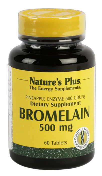 Bromelaína 500 mg. Envase de 60 comprimidos. Cada comprimido aporta: Bromelaína natural (de la piña) 500 mg. Aporta 300 Unidades de Gelatina Digerible por comprimido.