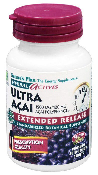 Ultra Açai. 30 comprimidos de liberación sostenida. Cada comprimido aporta: Açai (fruto de <i>Euterpe oleracea</i>) 600 mg (estandarizado al 20% [120 mg] de polifenoles), polvo de fruto entero de açai 600mg, Activessence (complejo activado de enzimas patentado 5mg [celulasa, pectinasa, hemicelulasa y xilanasa]).