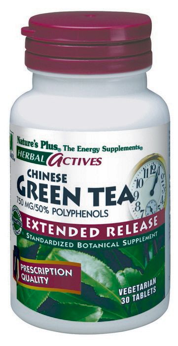 Té verde chino Nature's Plus. Envase de 30 comprimidos de liberación sostenida. Cada comprimido aporta 750 mg de extracto descafeinado de hoja de <i>Camellia sinensis</i>, estandarizado al 50% (375 mg de polifenoles). 