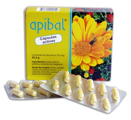 Apibal Cápsulas Activas. Caja  de 60 cápsulas (755 mg de polen microfinamente abierto por cápsula). Complemento alimenticio.