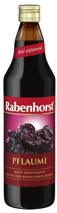 Rabenhorst Bebida de Ciruela. 97% extracto de ciruela concentrado (agua, 43% ciruelas secas), sirope de azúcar invertida, zumo de limón. Botella de vidrio ámbar de 750 mL. 
