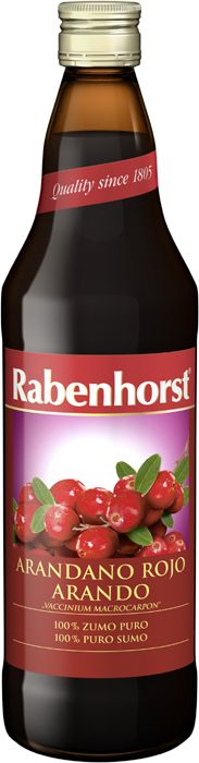 Rabenhorst Zumo de Arándano Rojo Americano. 100% puro zumo de arándano rojo americano (<i>Vaccinium macrocarpon</i>). Sin azúcar añadido. No procedente de concentrado. Botella de vidrio ámbar de 750 mL.