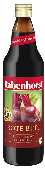 Rabenhorst Zumo Ecológico de Remolacha (<i>Beta vulgaris</i> subsp. <i>vulgaris</i> var <i>conditiva</i>) y limón. Sin azúcar añadido. No procedente de concentrado. Botella de vidrio ámbar de 750 mL. Advertencias: No dar este zumo a niños menores de 4 años.