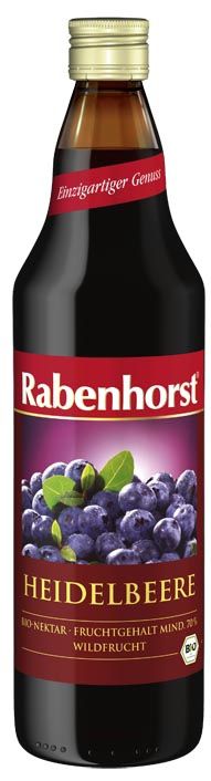 Rabenhorst Zumo de Arándano Azul Silvestre. 100% puro zumo de mirtilo (<i>Vaccinium myrtillus</i>) ecológico. Sin azúcar añadido. No procedente de concentrado. Botella de vidrio ámbar de 330 mL.