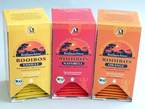 Infusión Rooibos. Bolsa de 100 grs. y caja de 20 infusiones de 1,5 g. Natural (100% rooibos ecológico); Naranja y Vainilla: 100 % Rooibos ecológico y  aroma natural de naranja o vainilla.