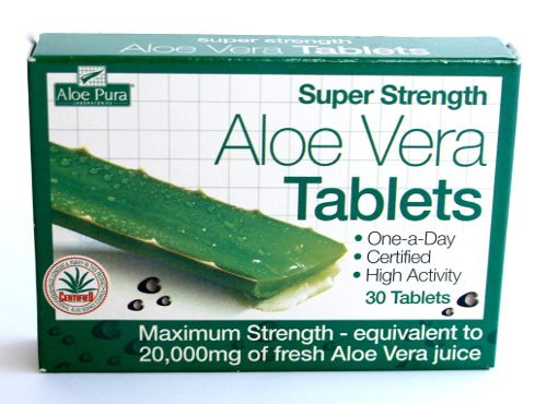 Tabletas Aloe Vera Potencia Máxima. Blister de 30 tabletas. Cada tableta contiene 100 mg de Aloe Vera Concentrado 200:1 (equivale aprox. a 20mL/20.000mg de zumo fresco). Complemento alimenticio.