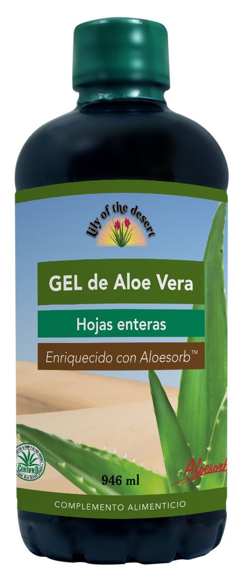 Gel de Aloe Vera 99,5%. 946 mL. Elaborado a partir de hojas enteras de <i>Aloe barbadensis</i> Miller (de agricultura ecológica, Aloesorb), estabilizador del pH (ácido cítrico), conservantes (sorbato potásico, benzoato sódico). 946 mL. Complemento alimenticio. Mantener en el frigorífico una vez abierto.