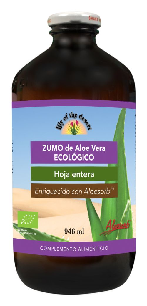 Zumo de Aloe Vera Eco Hoja Entera 99,7%. Elaborado a partir de hojas enteras de <i>Aloe barbadensis</i> Miller (de agricultura ecológica, Aloesorb), estabilizador del pH (ácido cítrico), conservantes (sorbato potásico, benzoato sódico). 946 mL. Complemento alimenticio. Mantener en el frigorífico una vez abierto.